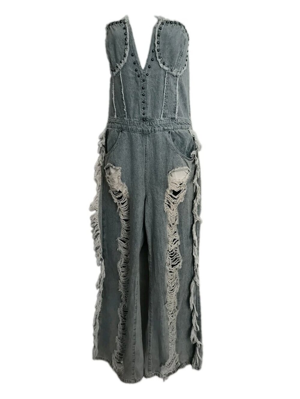 Fashion Nova Distressed Grey Denim Jumpsuit with Stud Details